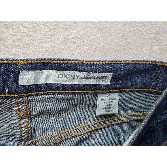 DKNY Bootcut Jeans Womens Petite 2 Dark Blue Denim Pockets Flat Front Mid Rise - Picture 7 of 8